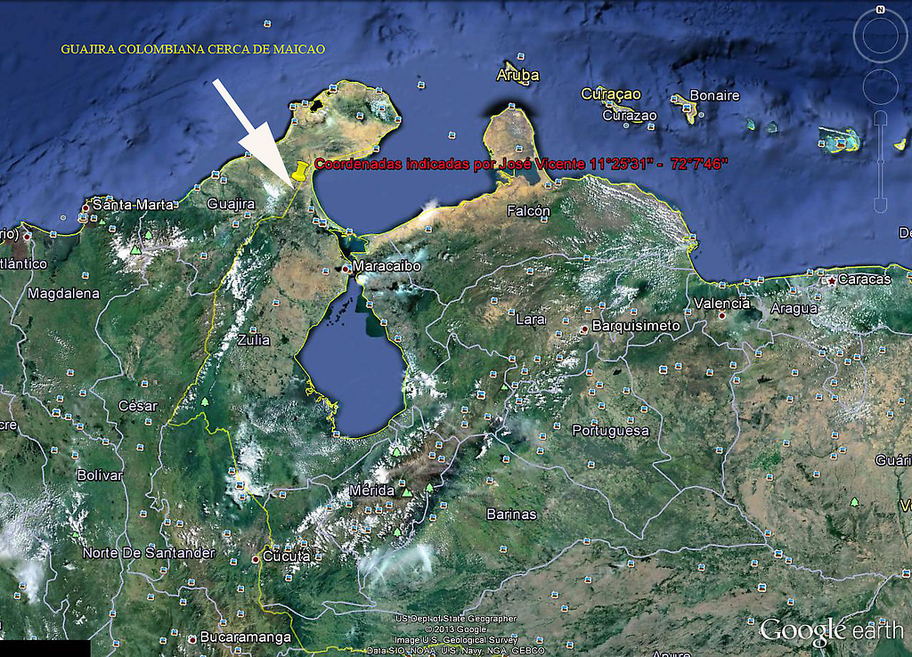 La ubicación de acuerdo a las coordenadas indicadas por José Vicente Rangel, señalando el sitio en la Guajira colombiana, cerca de la población de Maicao