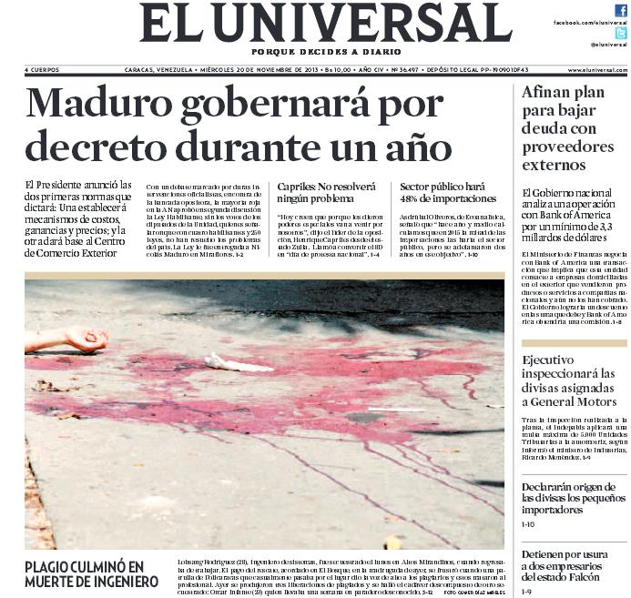 Portada macabra de "El Universal" para ilustrar que "Maduro gobernará por decreto"