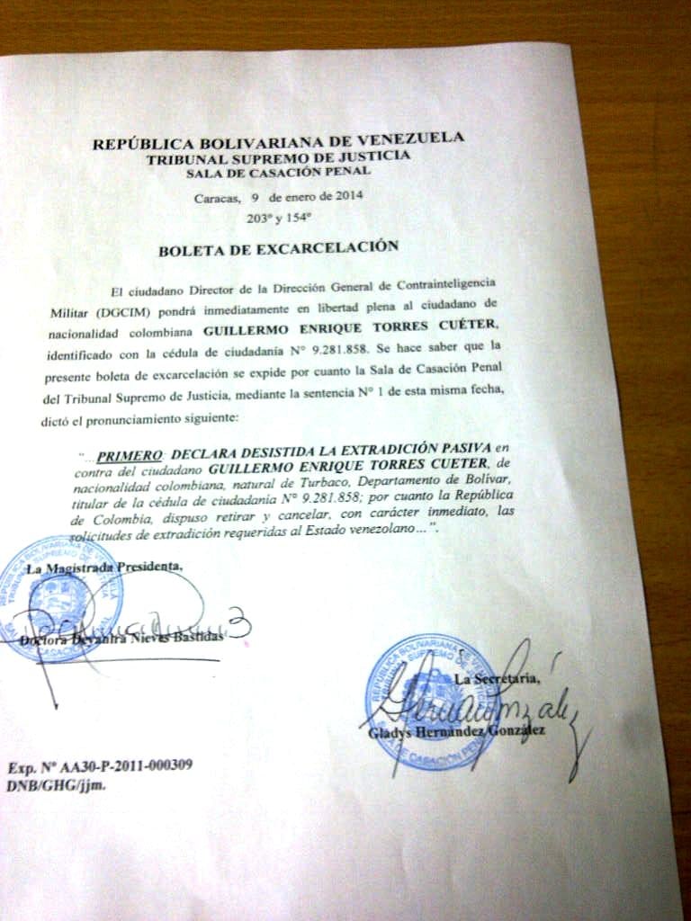 Boleta de Excarcelación expedida por la Sala de casación Penal del TSJ de la República Bolivariana de Venezuela
