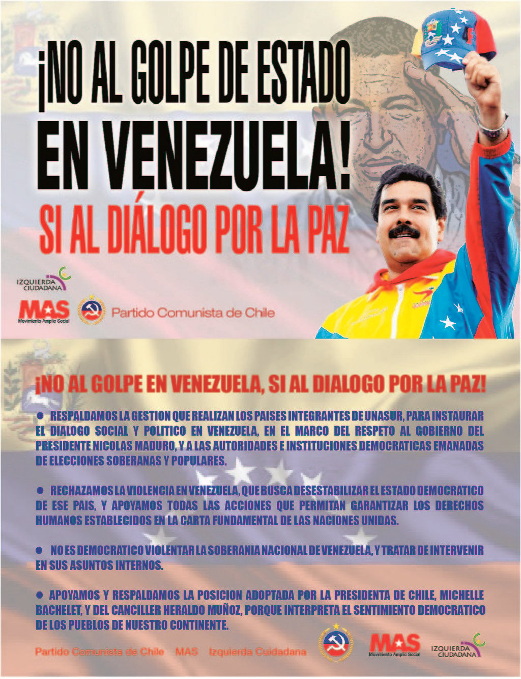 Afiche que editan en Chile en solidaridad con Venezuela, en unidad, el Partido Comunista de Chile, MAS Movimiento Amplio Social y la Izquierda Ciudadana