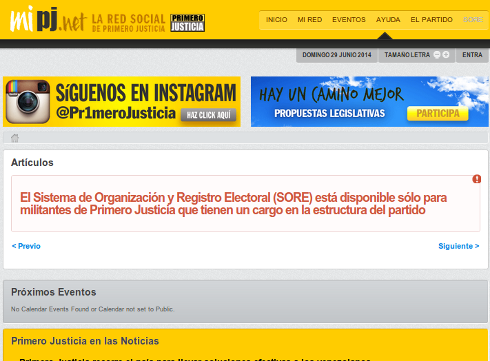 la cuenta "organizacion@sore.mipj.net", perteneciente a la plataforma web del partido Primero Justicia. 