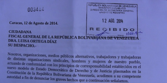 Carta entregada al Ministerio Público por la gente de Marea Socialista, con el sello de recibido