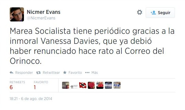 Mensaje contra la corriente Marea Socialista del PSUV y la periodista Vanessa Davies en la cuanta hackeada del politólogo Nicmer Evans
