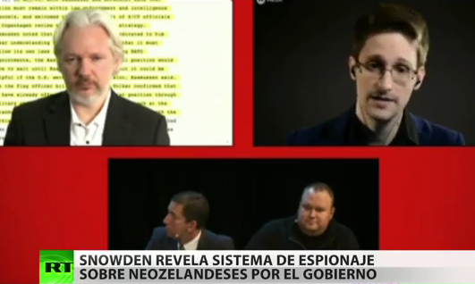 El fundador de WikiLeaks, Julian Assange, y el excontratista de la NSA Edward Snowden se unieron al empresario Kim Dotcom en una videoconferencia.