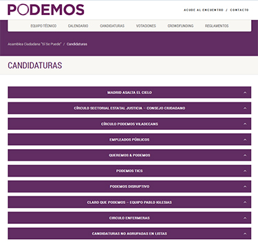 Vista de parte del listado de candidaturas internas de Podemos