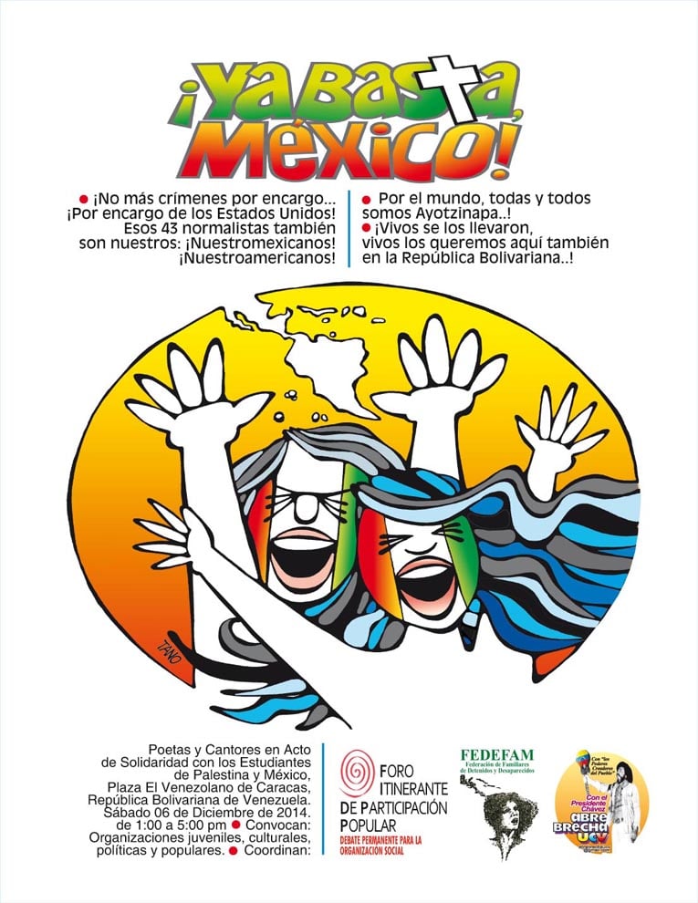 Poetas y cantores por los estudiantes de Ayotzinapa y de Palestina,
este sábado de 1:00 a 5:00 pm en Plaza El Venezolano ¡asiste!.