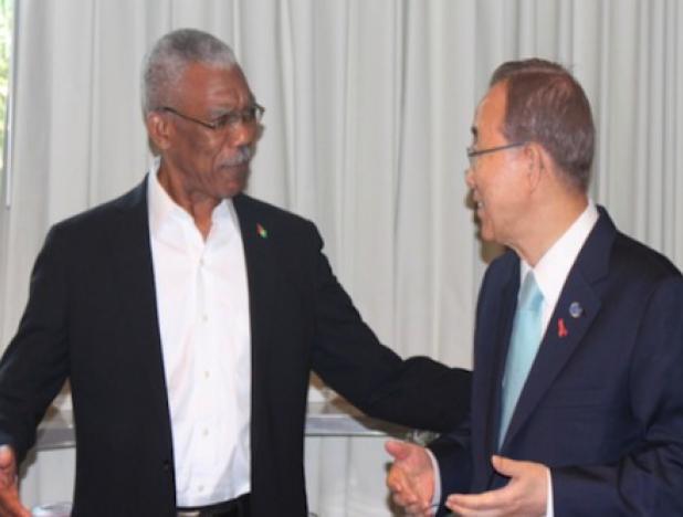 El secretario general de la Organización de Naciones Unidas (ONU), Ban Ki-Moon, conversó con el presidente de Guyana, David Gragner