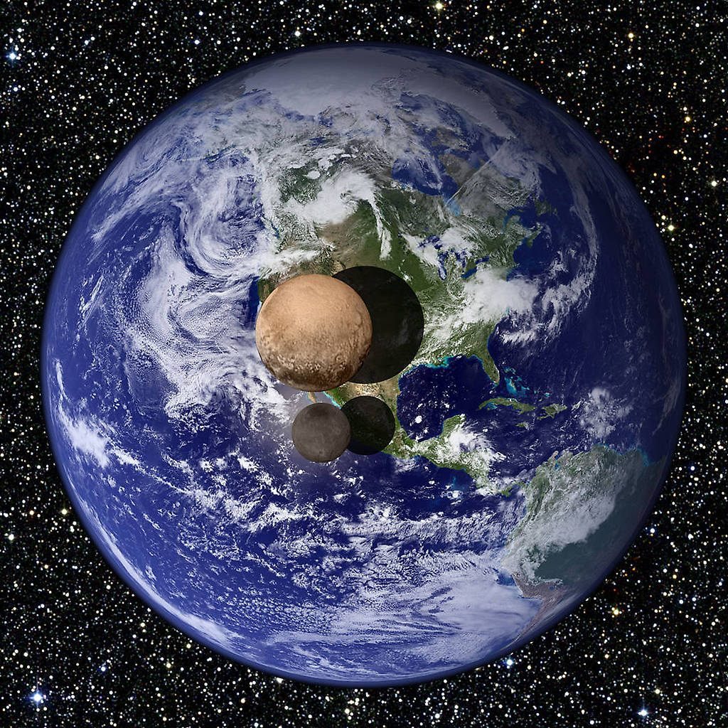 Plutón y su satélite Caronte en comparación con la Tierra.