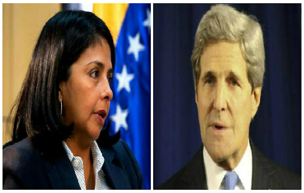 La canciller de la República Bolivariana de Venezuela, Delcy Rodríguez y el Secretario de Estado  John Kerry.