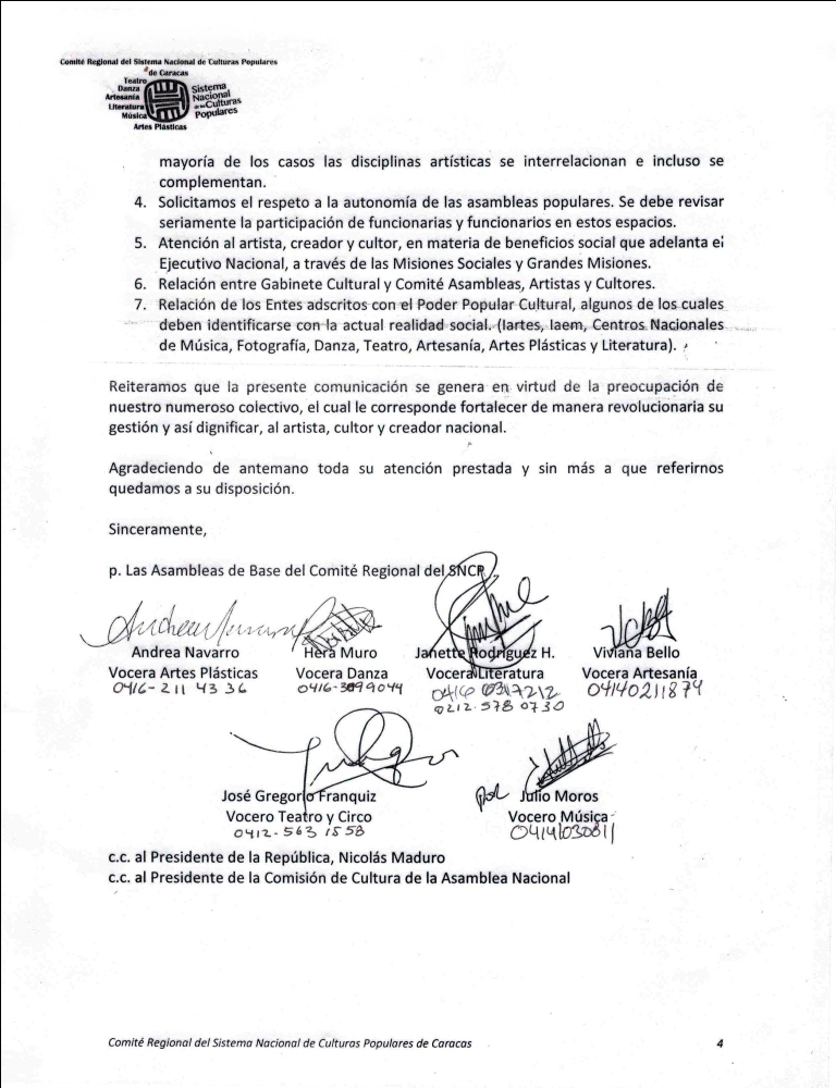 Oficio dirigido por las Asambleas de base al Ministro Reinaldo Iturriza
