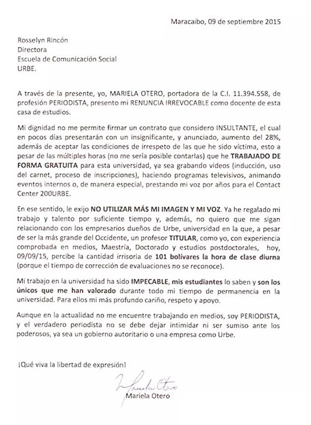 La carta de renuncia de Mariela Otero que retumbó en las redes