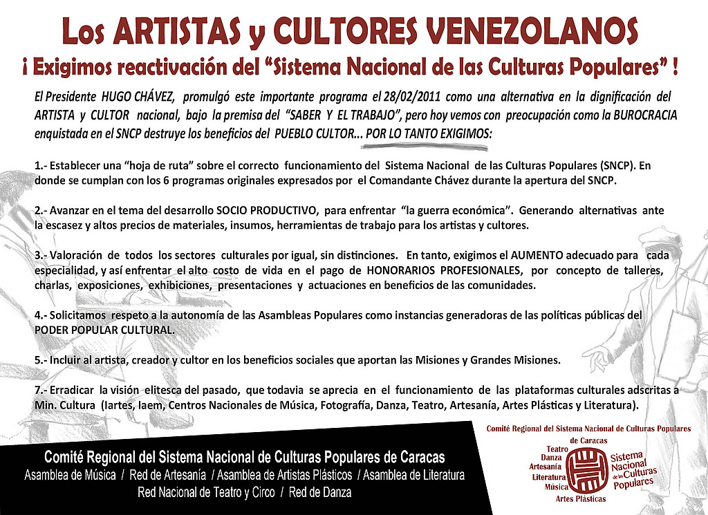 Volante distribuido al público durante la protesta, allí se muestran las peticiones que formularon los artistas y cultores hace un mes al ministro de Cultura Reinaldo Iturriza