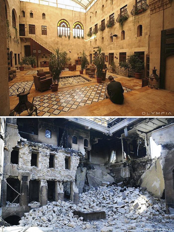 Centro turístico y hotelero en Alepo, dos vistas, antes, y ahora bajo los efectos del conflicto armado