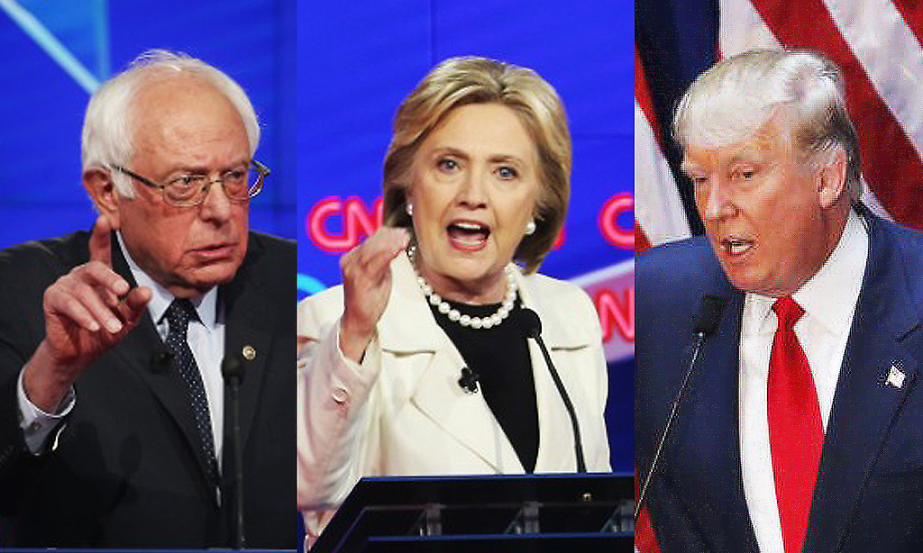 Los demócratas: la ex-senadora por Nueva York y ex-Secretaria de Estado Hillary Clinton; el Senador por Vermont Bernie Sander y el magnate republicano Donald Trump.