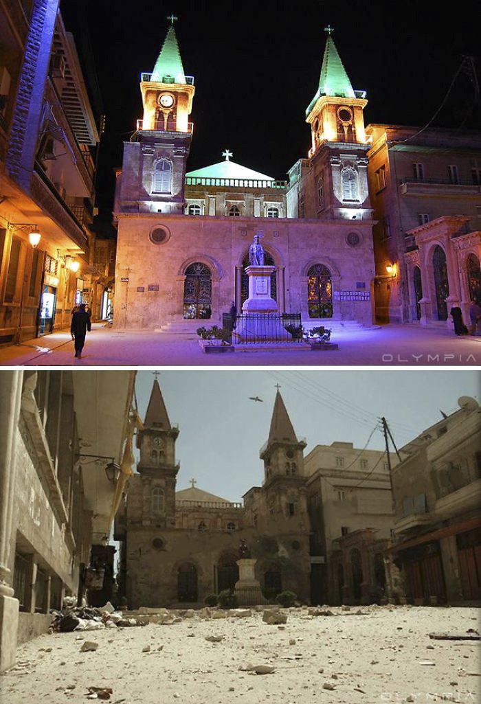 Iglesia cristiana en Alepo, finamente iluminada antes del conflicto y en la actualidad.