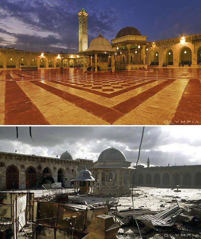 Una de las importantes mezquitas de Alepo hoy hecha ruinas.