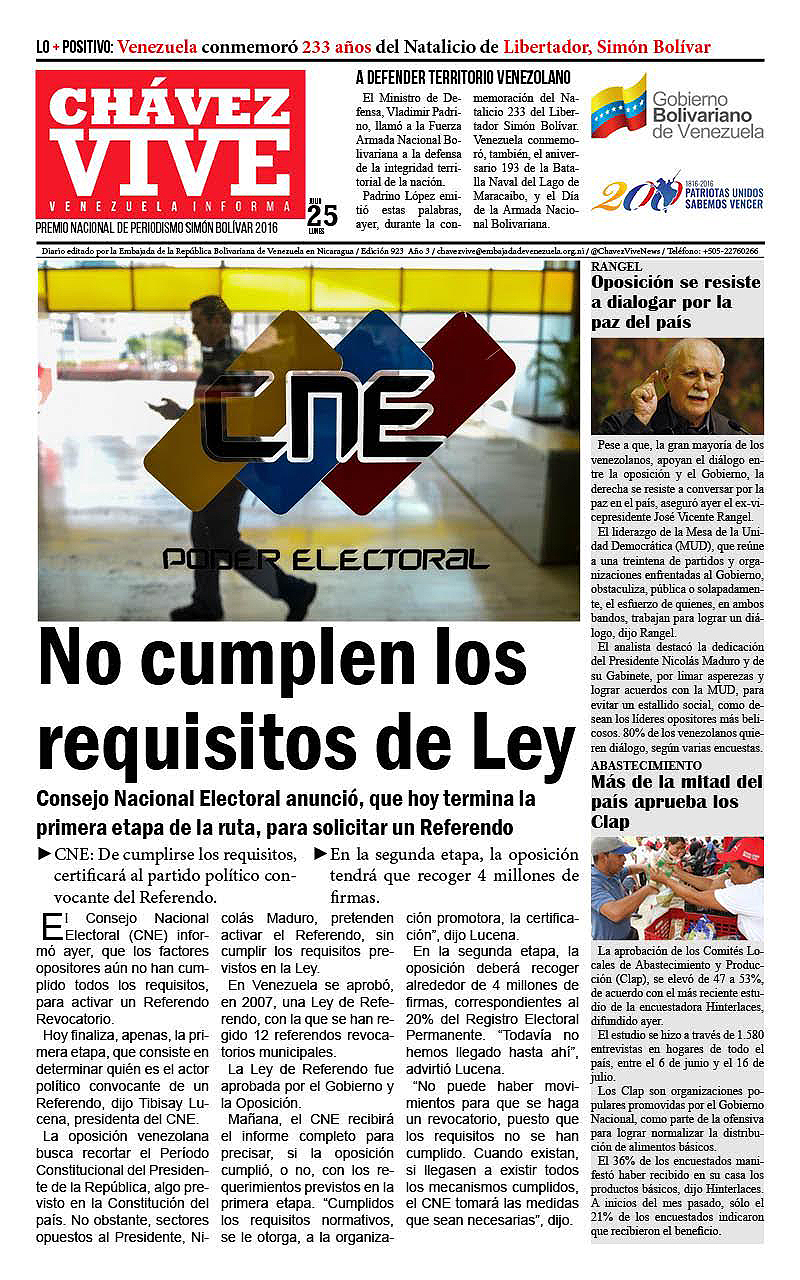 La portada del diario venezolano “Chávez Vive” el cual arriba a su edición  N° 923.