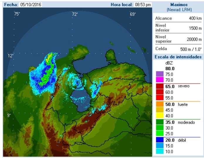 Imagen de radar de esta noche en donde se aprecia una formación nubosa en forma de espiral sobre la ciudad de Maracaibo, la misma se extiende hasta la entidad merideña
