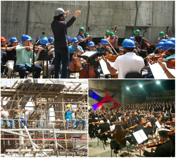 Junto con la OSSBV visitó los trabajos de construcción de la nueva sede del Sistema y deleitó a los obreros con su música.