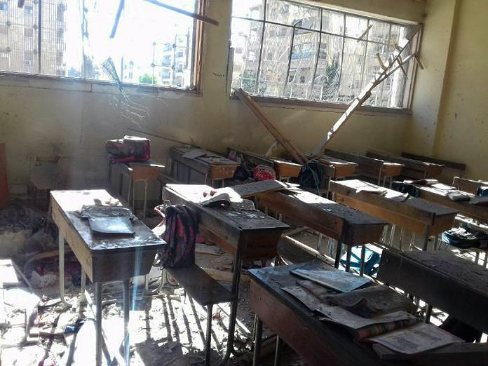 La escuela en la norteña ciudad de Alepo atacada por grupos de terroristas que fueron expulsados de la zona.