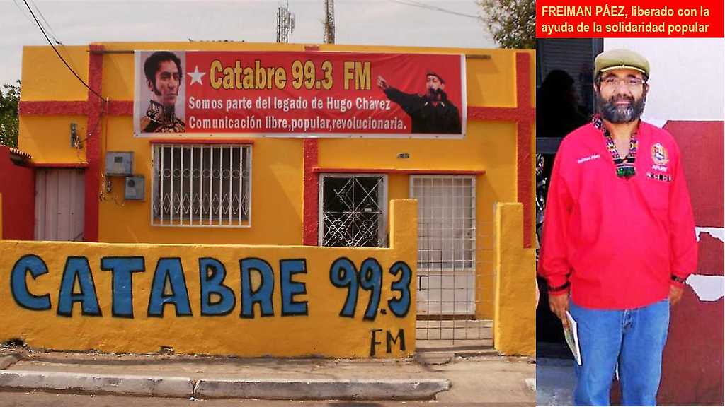 Fachada de la radio Catabre de Barinas y foto de Freiman Páez, con quien se solidarizaron comunicadores populares y luchadores sociales que transmiten desde dicha emisora