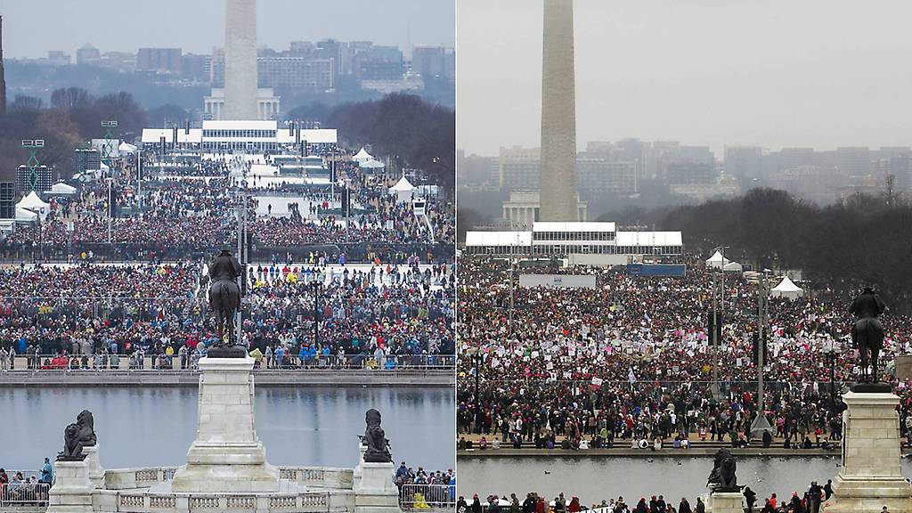 A la izquierda, una vista de la avenida National Mall durante la toma de posesión de Trump y a la derecha la manifestación de este sábado en Washington