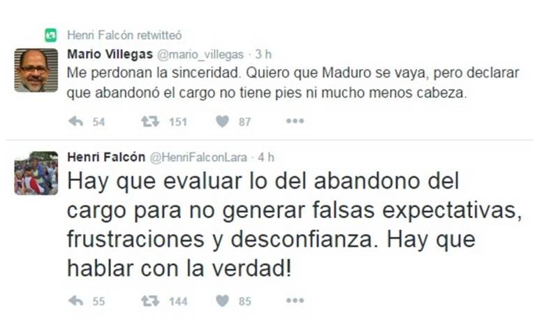 Tuits de Mario Villegas y Henri Falcón