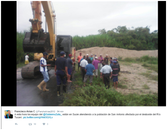 Trabajos en la población de San Antonio afectada por el desborde del Río Tucaní