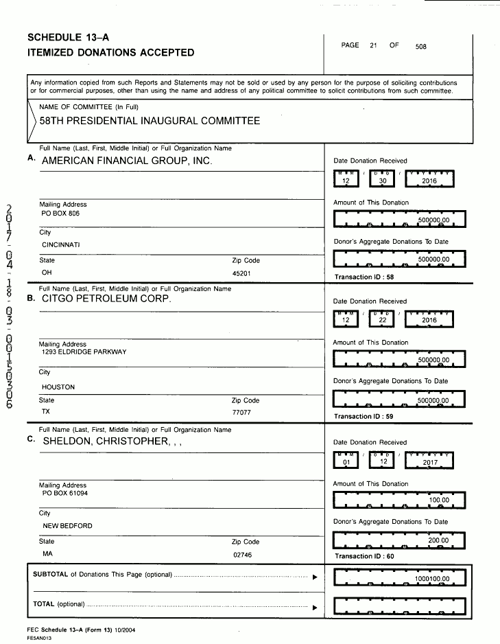 Documento oficial del Comité Inaugural de Donald Trump, reflejando el donativo de Citgo Petroleum, remitido por el 58avo Comité Inaugural Presidencial a la Comisión Federal de Elecciones de EEUU.