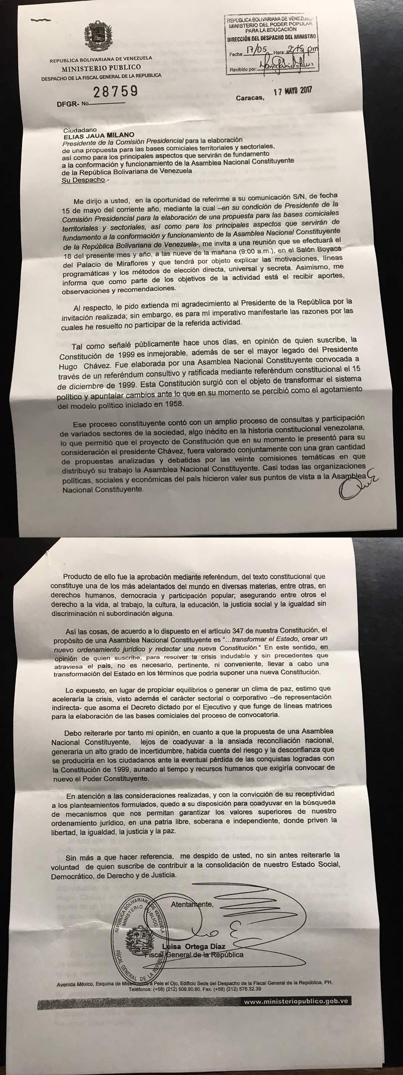 Carta atribuida a la Fiscal General Luisa Ortega Díaz y dirigida a Elías Jaua como presidente de la Comisión para la ANC