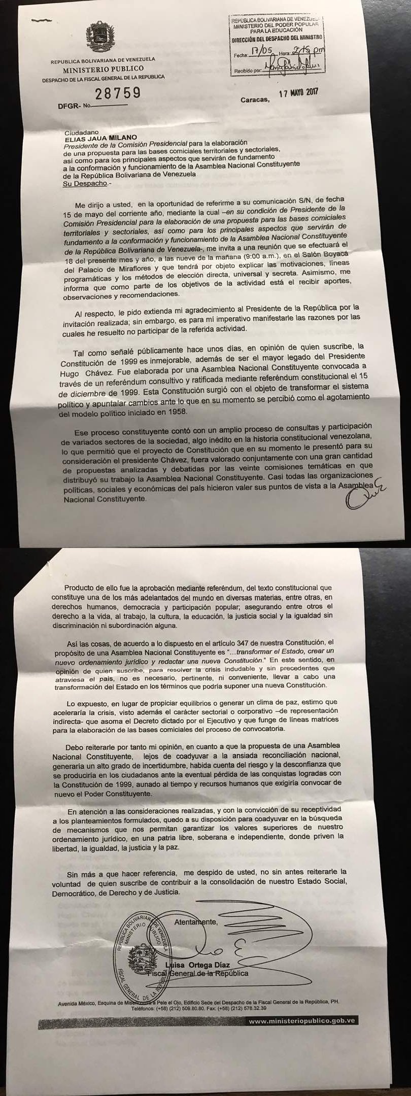 Fiscal General habría emitido una carta rechazando la 