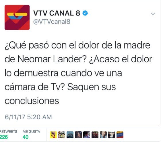 Mensaje borrado de @VTVcanal8 sobre la madre del fallecido manifestante Neomar Lander, fue repudiado por el Ministro Ernesto Villegas.
