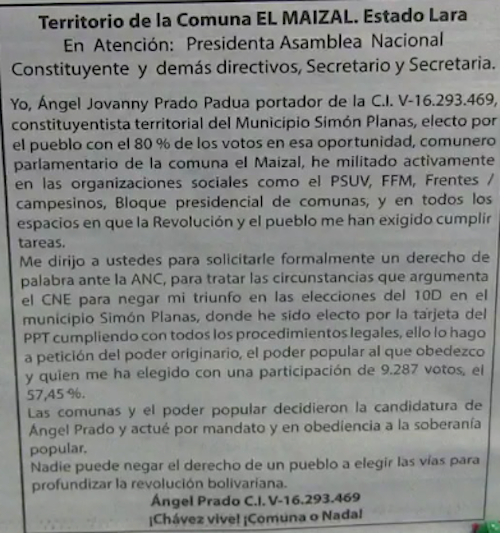 Carta de Ángel Prado explicando la situación