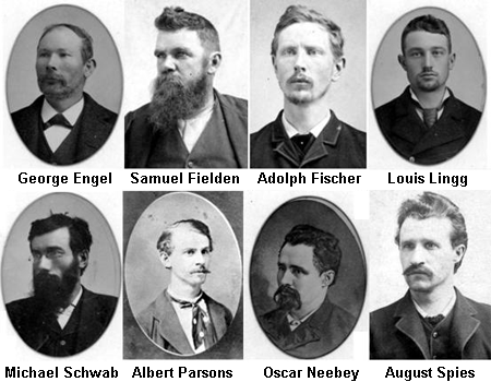 Los Mártires de Chicago - (De izquierda a derecha) George Engel,   Samuel Fielden, Adolph Fischer, Louis Lingg, Michael Schwab, Albert   Parsons, Oscar Neebey August Spies.