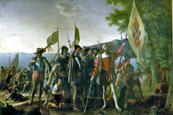 Representación del primer viaje de Cristóbal Colón desembarcando en las Indias Occidentales, el 12 de octubre de 1492.