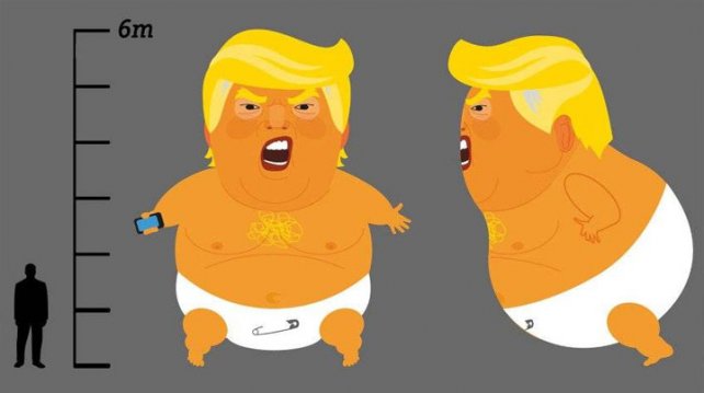 El globo dirigible "Baby Trump" tiene la forma de un bebé grande, enojado, con ego frágil y manos pequeñas y pañal
