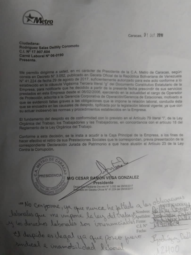 Carta de despido emitida por presidente militar del Metro