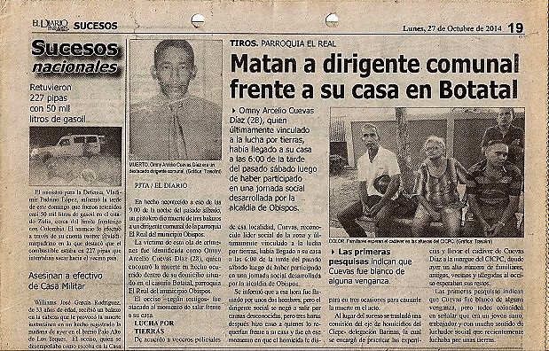 Periódico barines que reseña el caso de Omni Cuevas, asesinado en Botatal, Municipio Obispos, Estado barinas, en octubre de 2014