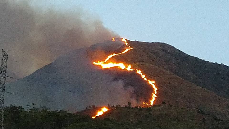 En la foto: Incendio en el Waraira Repano o cerro el Ávila en Caracas, presumiblemente provocado. Una de las expresiones del daño humano a la naturaleza...