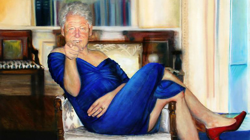 Pintura al oleo de Clinton vestido de mujer (alusivo al traje de Mónica Lewinsky) encontrado en la mansión de Epstein