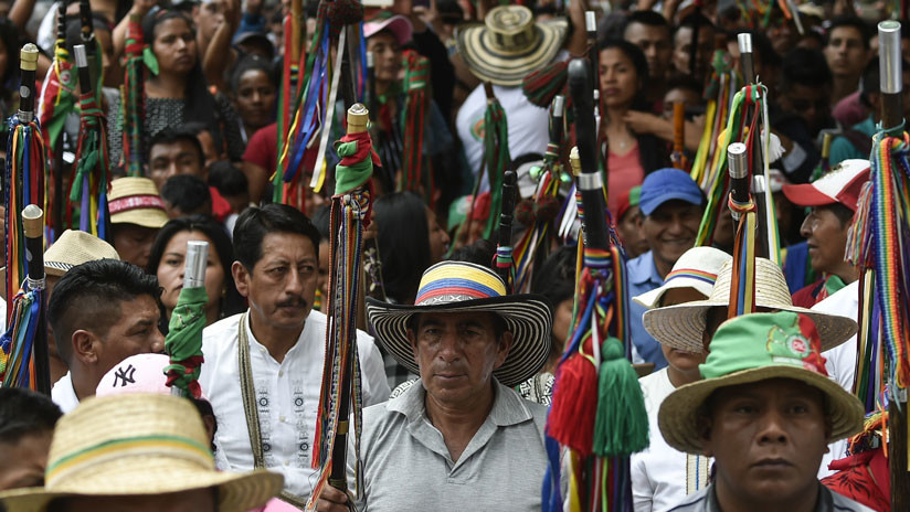 Indígenas del Cauca antes de una reunión con el presidente colombiano, Ivan Duque. Cauca (Colombia) 9 de abril de 2019.