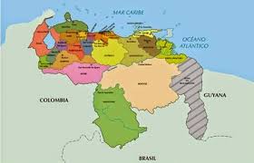 Mapa de Venezuela: a la derecha en gris el territorio Esequibo que está en reclamación