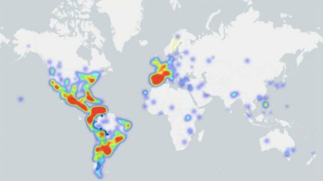 Mapa de calor con la distribución de la conversación en Twitter en torno al hashtag #BoliviaResiste, usado por los líderes opositores bolivianos que han perpertrado el gope de Estado contra Morales.
