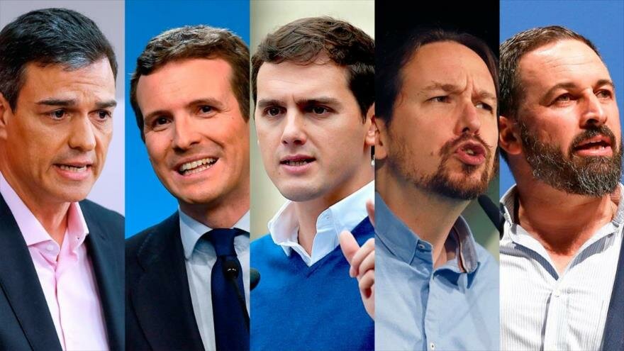 Pedro Sánchez (PSOE), Pablo Casado (PP), Albert Rivera (Ciudadanos), Pablo Iglesias (UP) y Santiago Abascal (Vox).