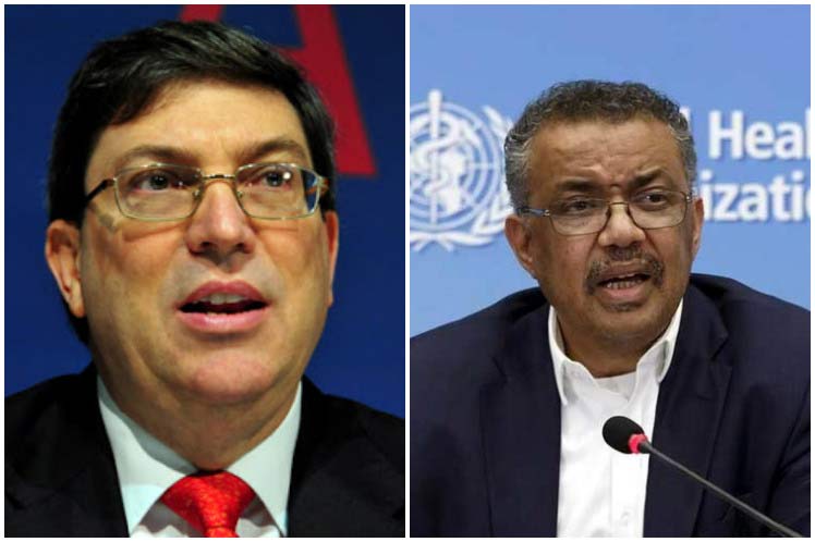 El canciller cubano, Bruno Rodríguez y el director general de la Organización Mundial de la Salud (OMS), Tedros Adhanom Ghebreyesus