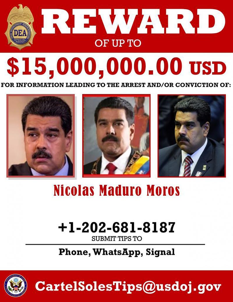 EEUU acusó al Presidente Nicolás Maduro de narcoterrorismo y corrupción y ofrece una recompensa por información que lleve a su captura.