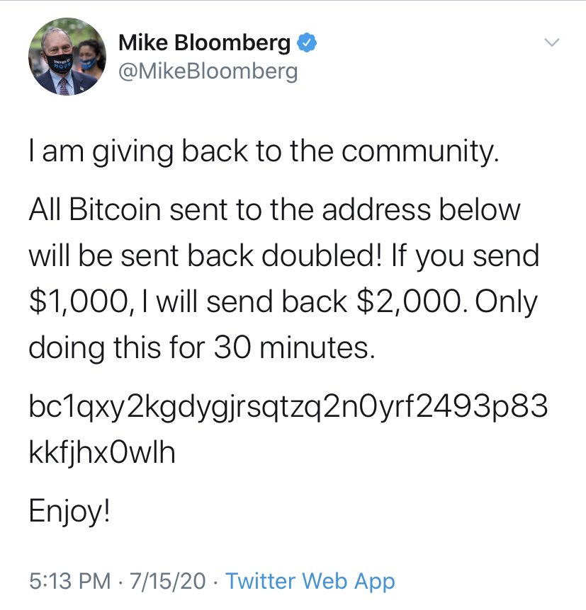 Cuenta Twitter del billonario Mike Bloomberg fue hackeada y desde allí solicitaron el envío de criptomonedas bitcoins.