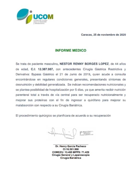 Informe médico de Néstor Borges