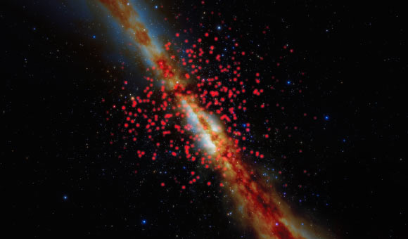 Esta visualización representa un mapa 3D de enanas marrones (puntos rojos) que se han descubierto a 65 años luz del Sol