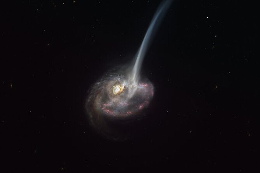 Representación artística de ID2299 que muestra a la galaxia, producto de una colisión galáctica, y a parte de su gas siendo expulsado por una "cola de marea" como resultado de la fusión